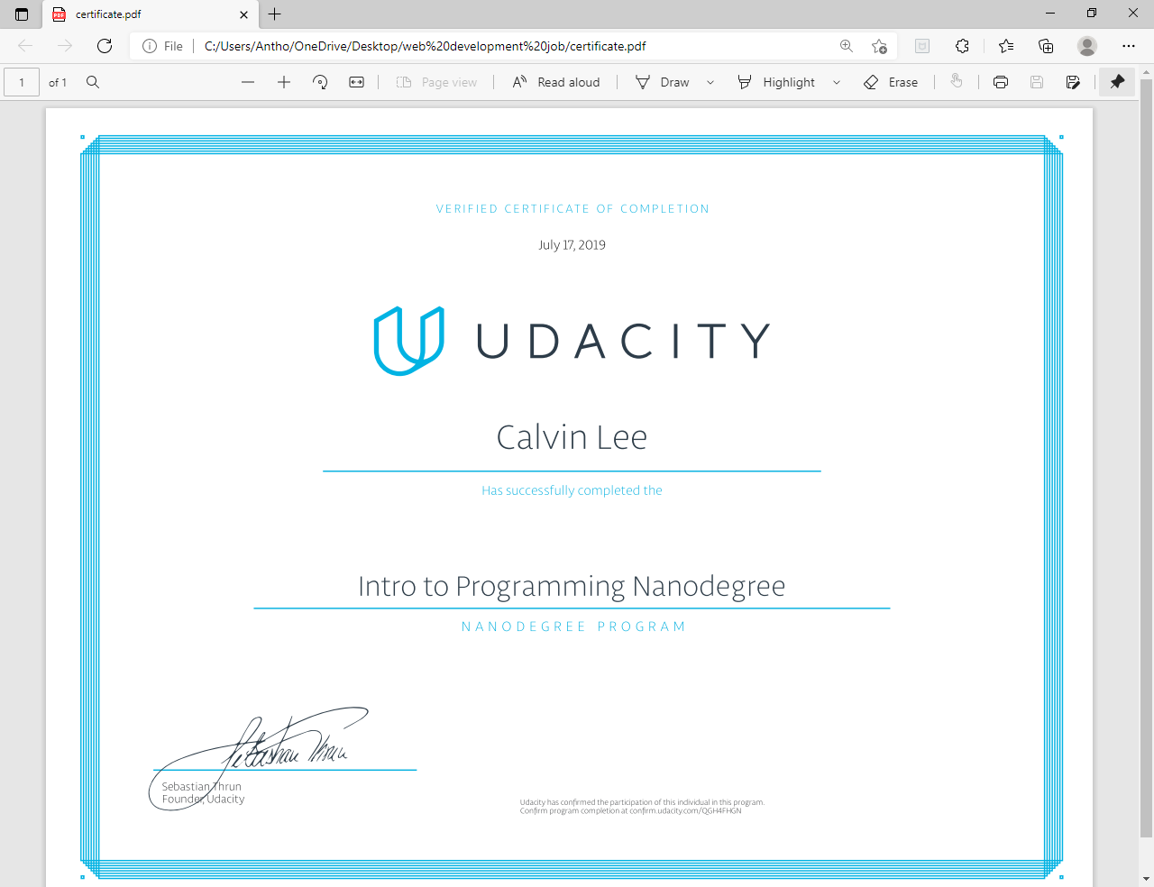 Udacity certificate